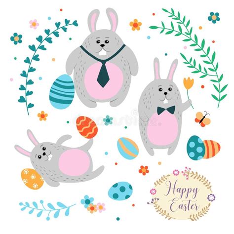 Set Of Three Cute Easter Bunnies And Painted Eggs In A Cartoon Style