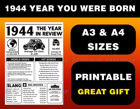 1944 The Year You Were Born PRINTABLE USA Digital Download | Etsy