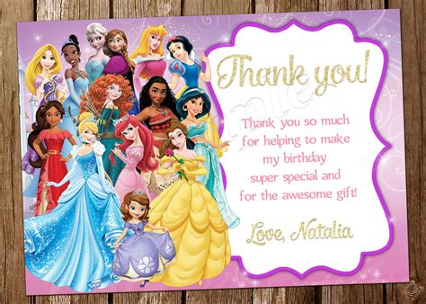 Disney Princess Thank You Card Disney Princess Invitation Etsy
