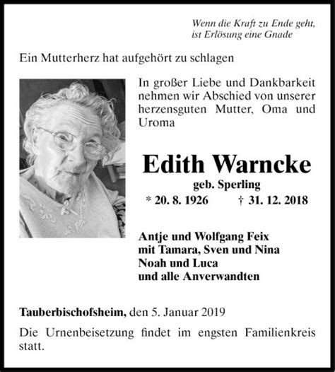 Traueranzeigen Von Edith Warncke Trauerportal Ihrer Tageszeitung