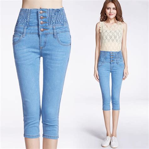 Women Summer Knee Length Pants High Waist Button Jeans Female Tight Elasticity Small Pants