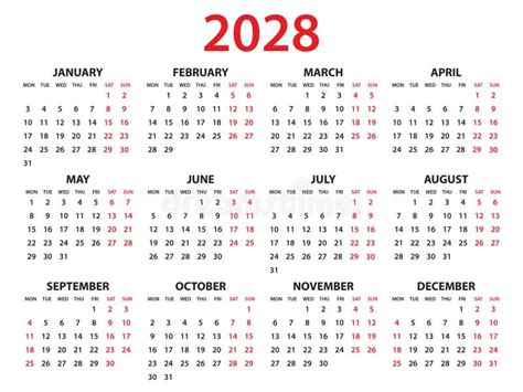 Calendar 2028 Year Vector Illustration Set Of 12 Calendar Week Starts