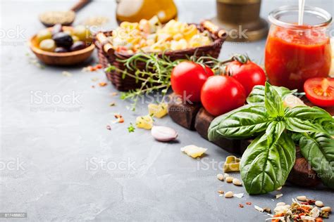 Italian Food Background Ingredients On Stone Table Copy Space Stock