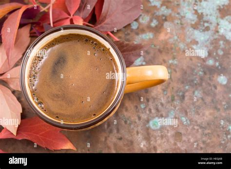 Cup Of Coffee In And Fallen Red Autumn Leaves Stock Photo Alamy