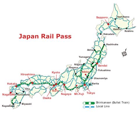 The Japan Rail Pass Map Is Shown In Red Green And White With Train Tracks
