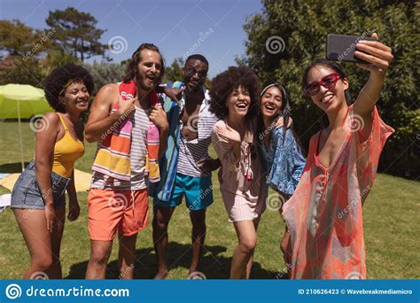 Diverse Group Of Friends Taking Selfie At A Pool Party Stock Image