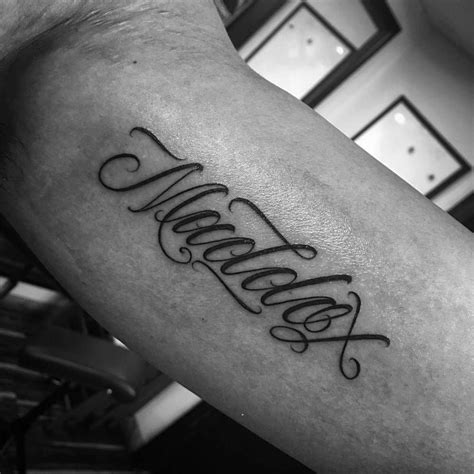 Maddox Tattoo On The Left Inner Arm Name Tattoos On Arm Inner Bicep Tattoo Arm Tattoos For