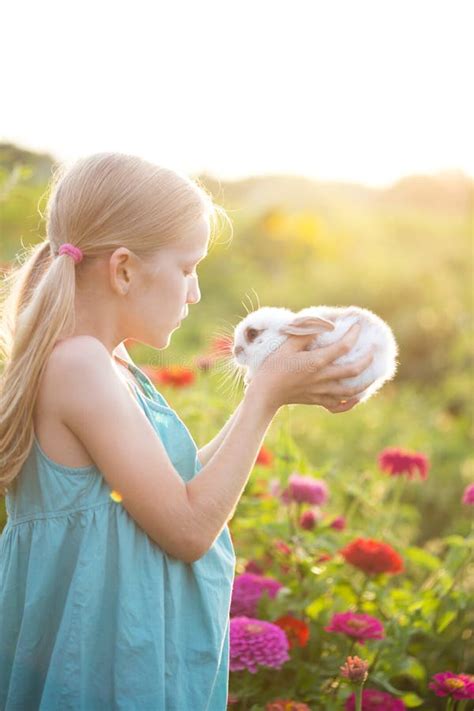 Girl And Rabbit Stock Photo Image Of Rabbit Flower 131010140