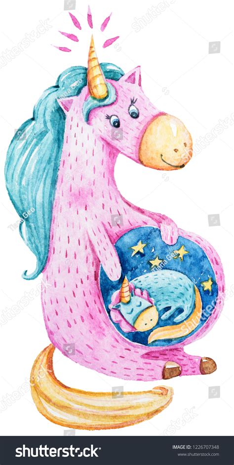Watercolor Cartoon Lovely Pregnant Unicorn Cute Ilustrações Stock