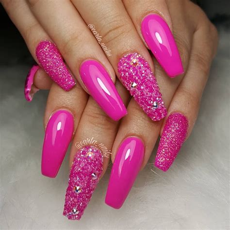 Hot Pink Acrylic Nails With Glitter Gold Pastel Yellow Gel Nail Art