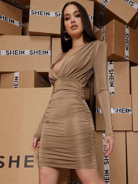 Shein Bae Plunging Ruched Solid Bodycon Dress Shein Usa