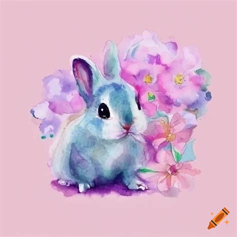 Watercolor painting of a cute baby bunny with flowers on Craiyon