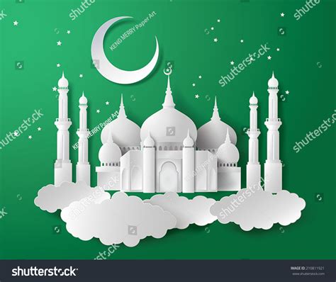Mosque In The Half Moon Ramadan Kareem Festival Paper Art Style