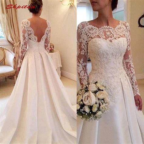 long sleeve lace wedding dresses satin turkey plus size a line bride bridal weding weeding
