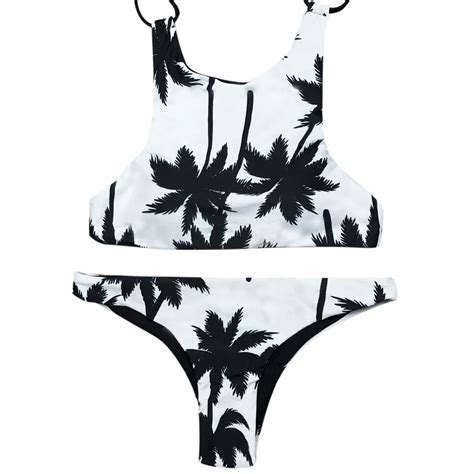 Women Coconut Palm Tank Bikini Set Beach Swimwear Bikini Neck Long Sexy