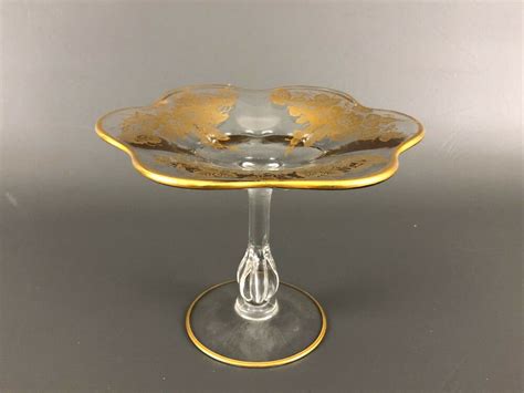 Vintage Duncan And Miller Glass Co Glass Compote Gold Flowers