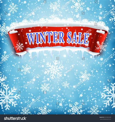 Winter Sale Background With Blue Realistic Ribbon Banner And Snow ...
