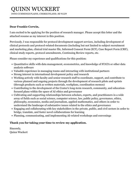 Research Manager Cover Letter Velvet Jobs