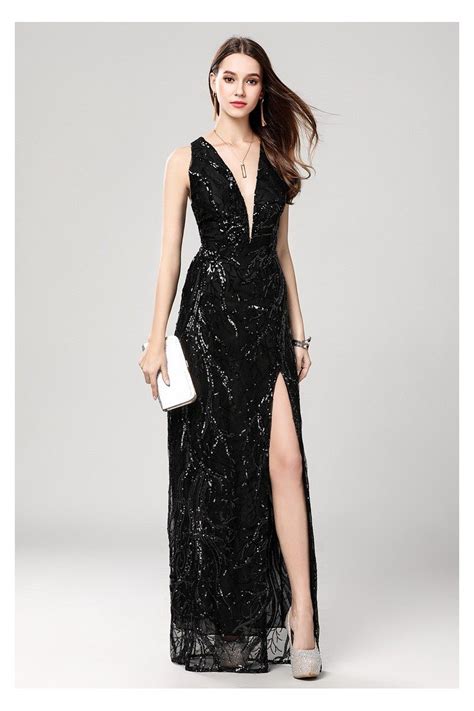 Sexy Black Sequin Deep V Neck Slit Prom Evening Dress 11186 Ck644