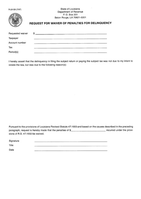 Information about making a request to the cra to cancel or waive penalties or interest. Form R-20128 - Request For Waiver Of Penalties For Delinquency printable pdf download