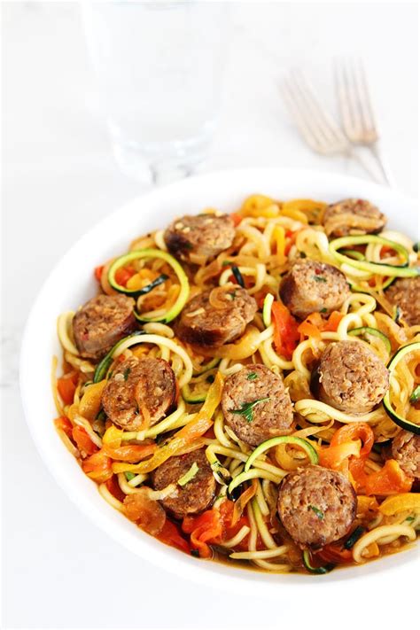 Brush the crust with the egg wash or cream. Sausage and Peppers with Zucchini Noodles | Two Peas ...