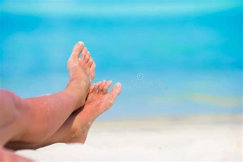 Close Up Of Female Feet On White Sandy Beach Stock Image Image Of
