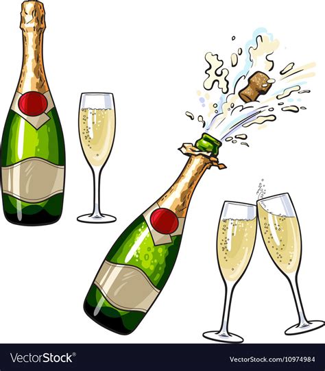 Closed Open Champagne Bottle And Glasses Vector Image