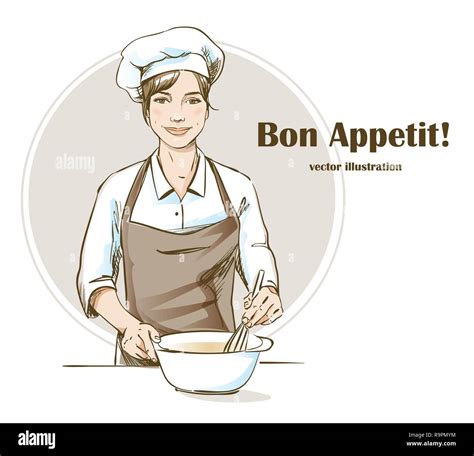 Smiling And Happy Female Chef Woman Chef Is Cooking Hand Drawn Vector Illustration Stock