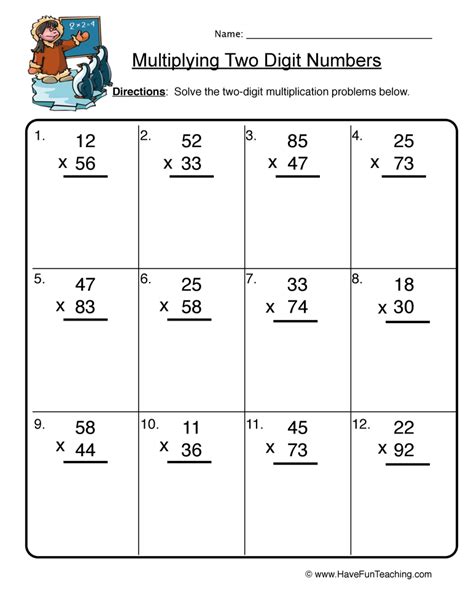 Math Worksheets For Multiplication 11 With 2 Digit Numbers