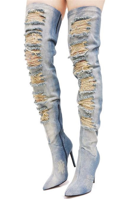 Hot Selling Denim Thigh High Boots Ripped Peep Toe Pleated Blue Jeans Over The Knee Boot Size