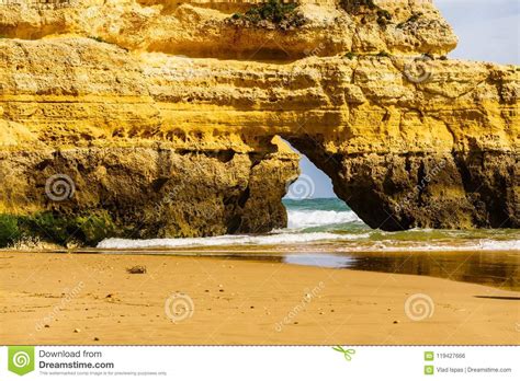 Algarve Portugal A Stunning Sea Ocean Landscape With Yellow Rocks And
