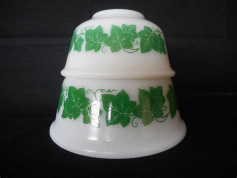 Vintage Hazel Atlas Green Ivy White Milk Glass Bowls Mid Etsy