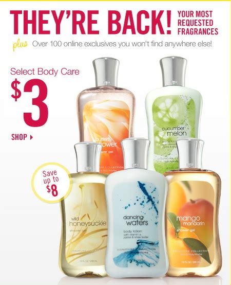 Our shower gift sets include our bestselling bath and body care products from our soothing almond milk & honey range. Bath & Body Works $3 Body Care Items + Extra 20% off $25 ...