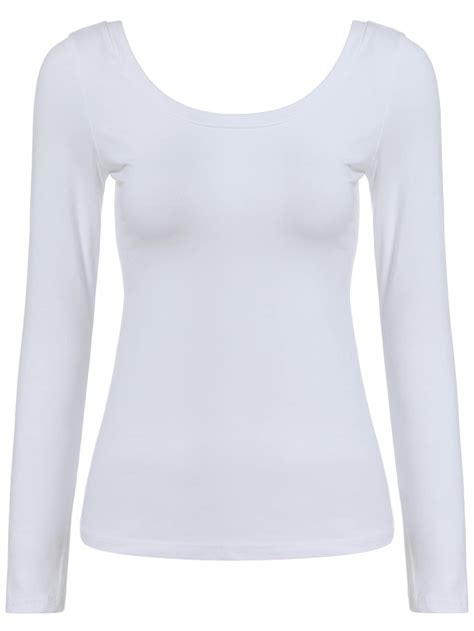White Round Neck Long Sleeve Slim T Shirt Sheinsheinside