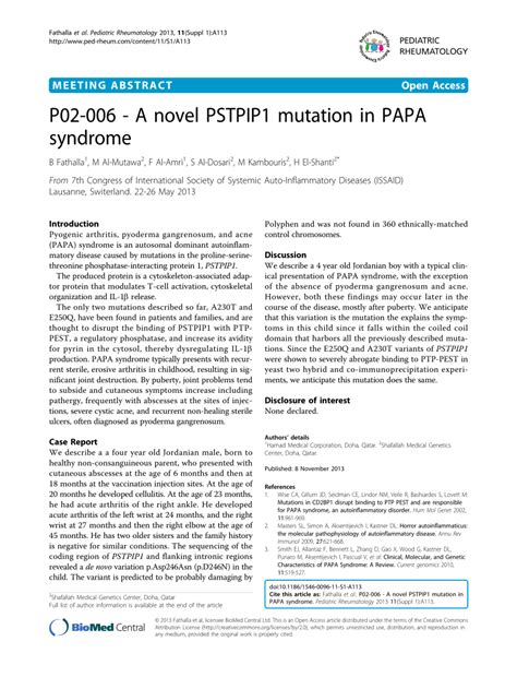 Pdf P02 006 A Novel Pstpip1 Mutation In Papa Syndrome