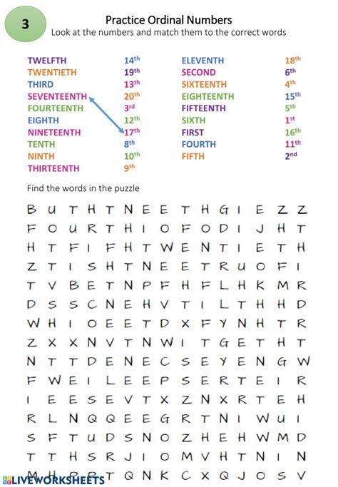 Ordinal numbers word search worksheet