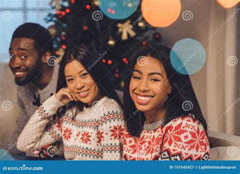 Multicultural Friends On Christmas Eve Stock Image Image Of Festive Holiday 101545427