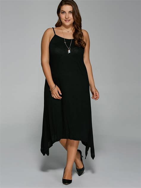 Black Plus Size Asymmetric Hem Spaghetti Strap Dress
