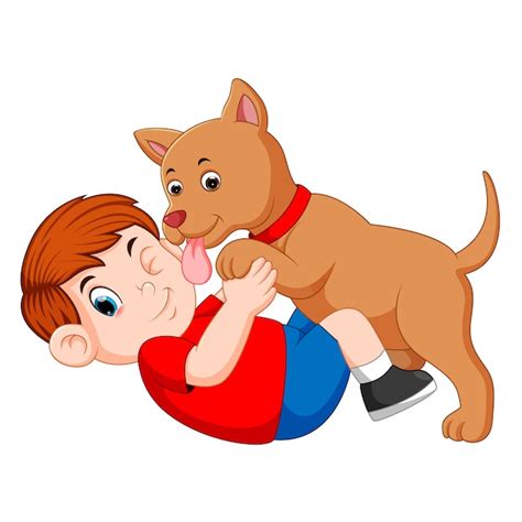 Niño jugando con perro y perro lamiendo la cara de su dueño Vector Premium