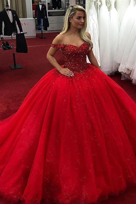 Sparkly Red Ball Gown Sweetheart Off Shoulder Prom Dress With Sequins