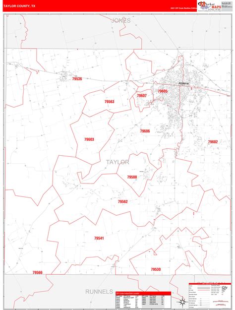 Taylor County Tx Zip Code Wall Map Red Line Style By Marketmaps Mapsales