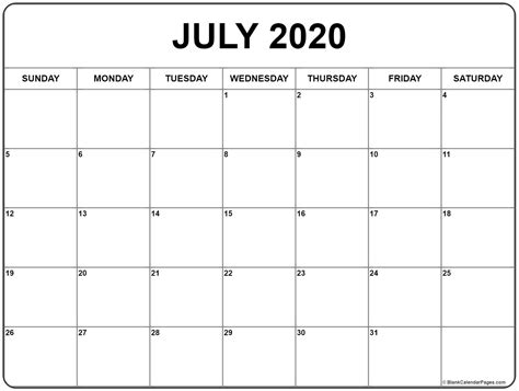 July 2020 Calendar Free Printable Monthly Calendars