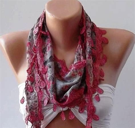 Pink Patterned Shawl Scarf With Lace Edge By Womann On Etsy Fashion Scarf Clothes