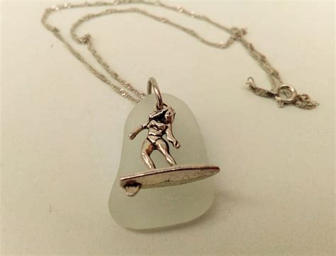 Surfer Girl Charm Necklace Sea Glass Necklace Surf Board Surfer Ocean Jewelry Beach Girl