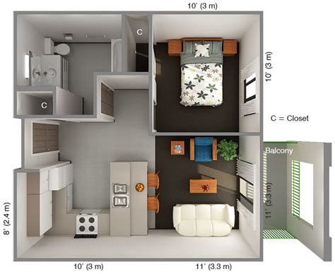 International House 1 Bedroom Floor Plan Top View Small Apartment