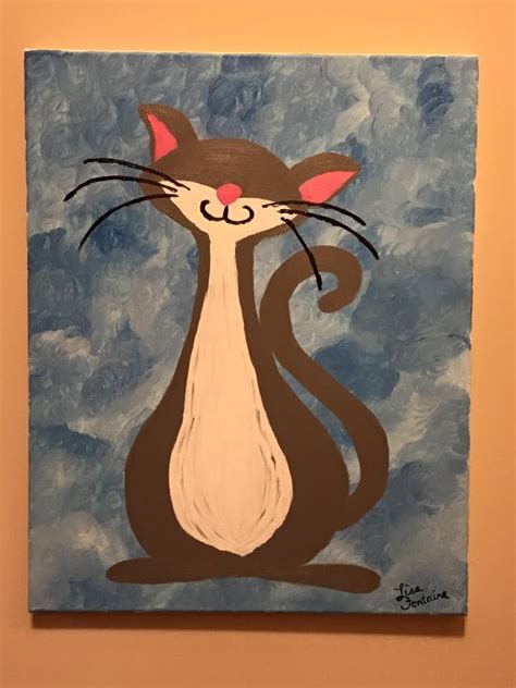Acrylic Painting On Canvas By Lisa Fontaine Whimsical Cat Grey Cat