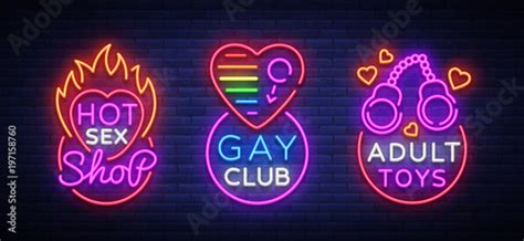 Sex Shop Set Of Logos In Neon Style Neon Sign Collection Gay Club Adult Toys Design Template