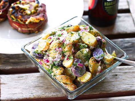 In this recipe, potatoes are baked until tender instead of boiled. Easy Fingerling Potato Salad With Creamy Dill Dressing Recipe | Serious Eats