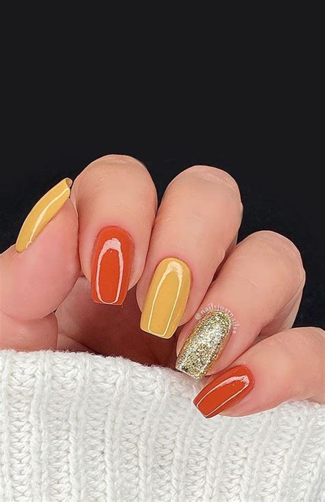 30 Cute Fall 2021 Nail Trends To Inspire You Pumpkin Tone And Gold Glitter Nails Artofit