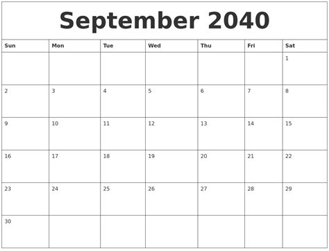 September 2040 Free Printable Weekly Calendar